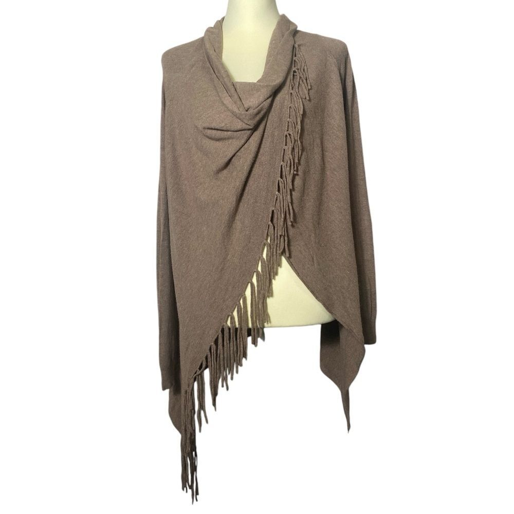 Lovestitch Long Sleeve Cowl Neck Fringe Wrap Cardigan Beige Women's Size Medium